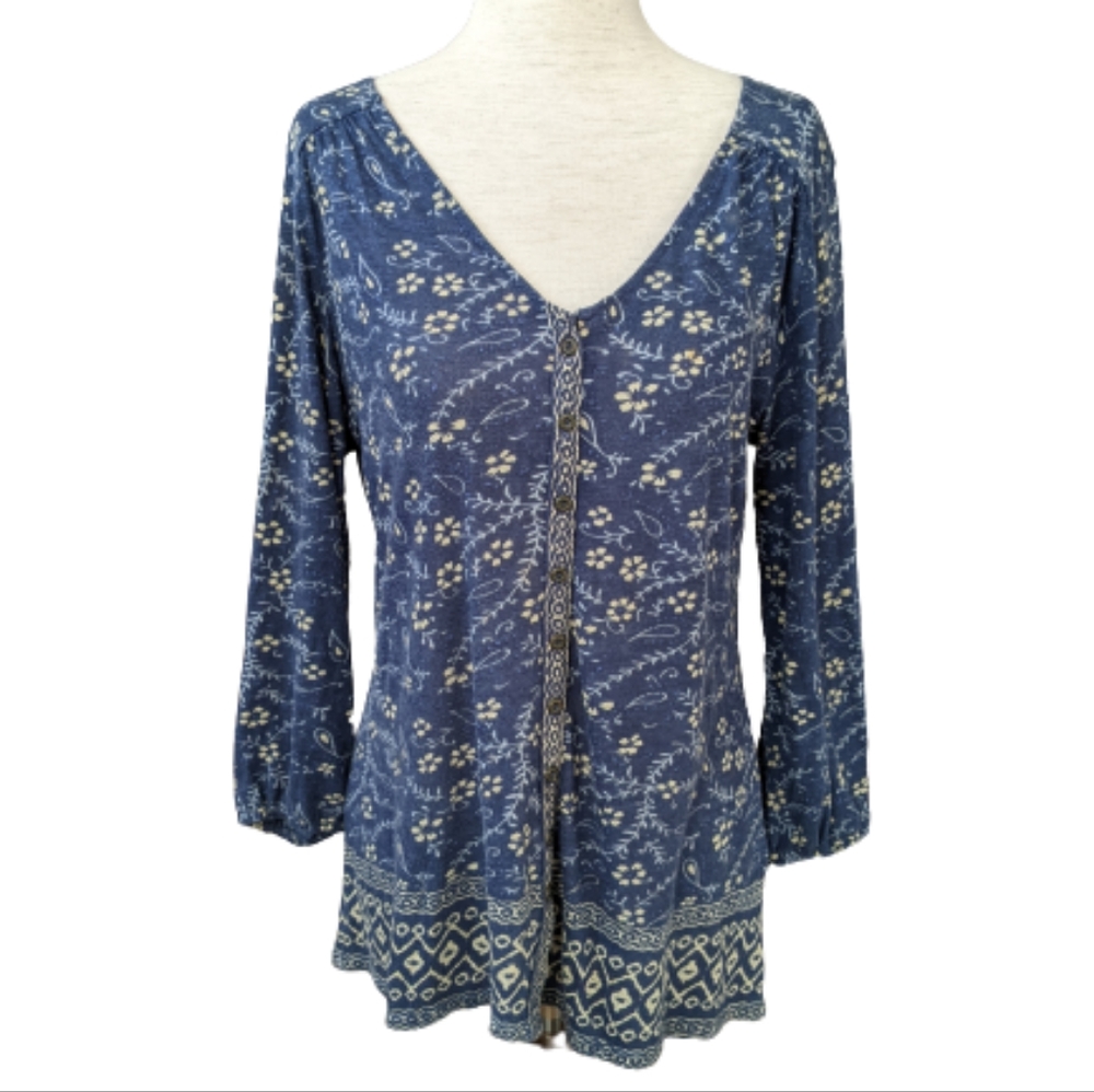 Lucky Brand Women's Button Front 3/4 Sleeve V-Neck Top XS